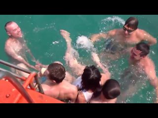 drunk russian boys in a crowd in the sea fuck a young chick - 1